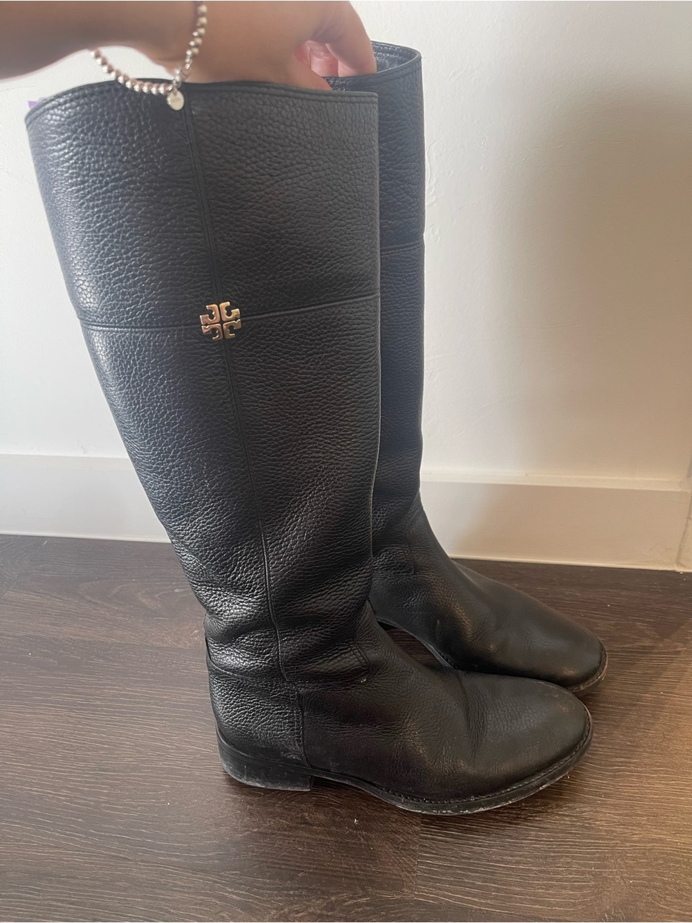 Tory Burch Black Pebbled Leather Over-the-Knee Boots with Gold Logo